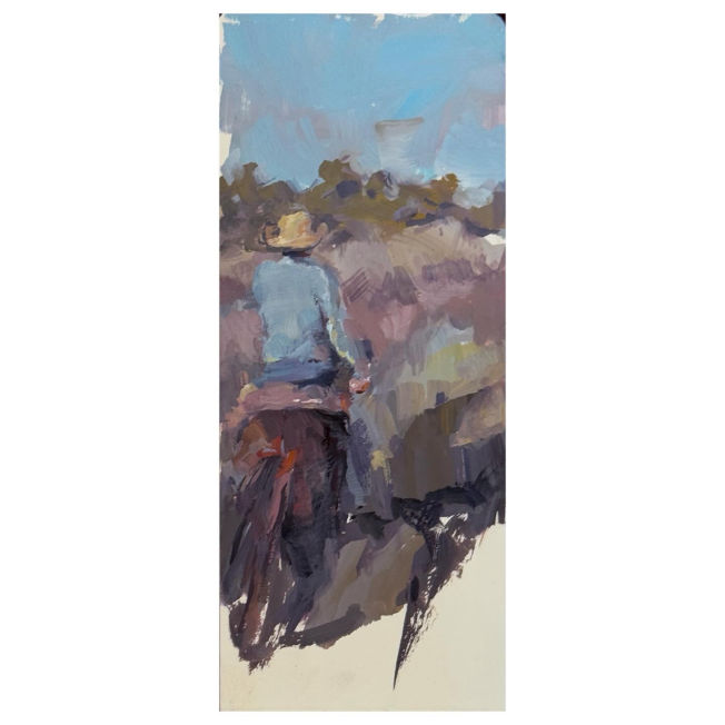 A painting of a horseback rider from behind by @bisbeepainter