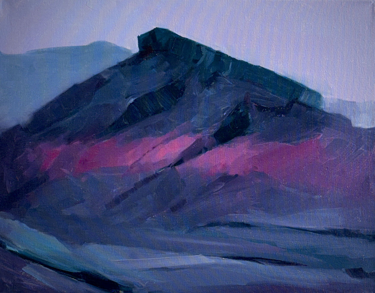 A painting of a mountain in muted colors