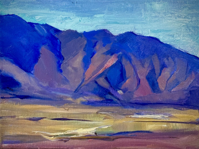 A vibrant painting of a mountain range