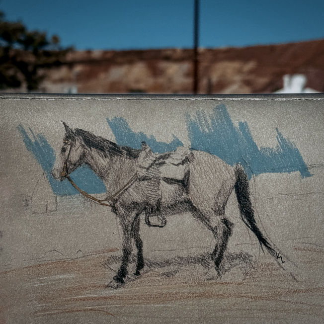 A pencil drawing of a horse with blue color pencil accents on gray paper by @bisbeepainter