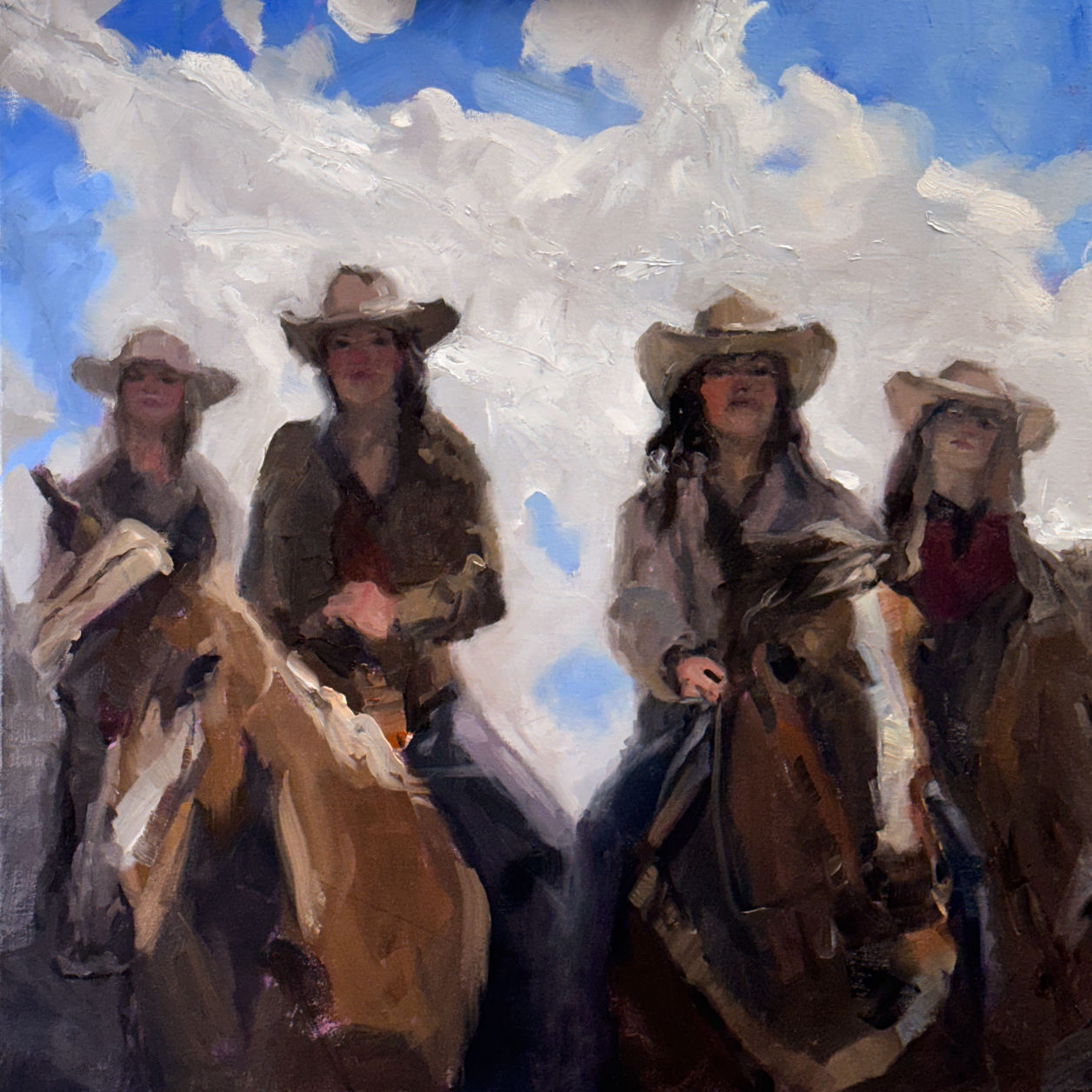 An oil painting of four women on horseback with a cloudy sky above