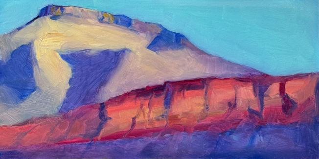 A vibrant painting of the top of a mountain and mine tailings by @bisbeepainter